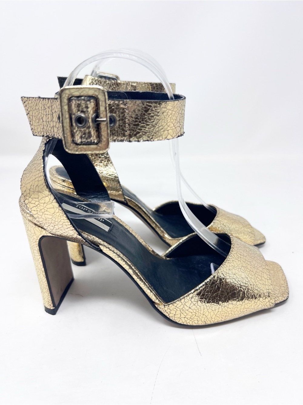 TOPSHOP GOLD METALLIC LAME ANKLE STRAP HEELS SANDALS WOMENS SZ 38/7.5